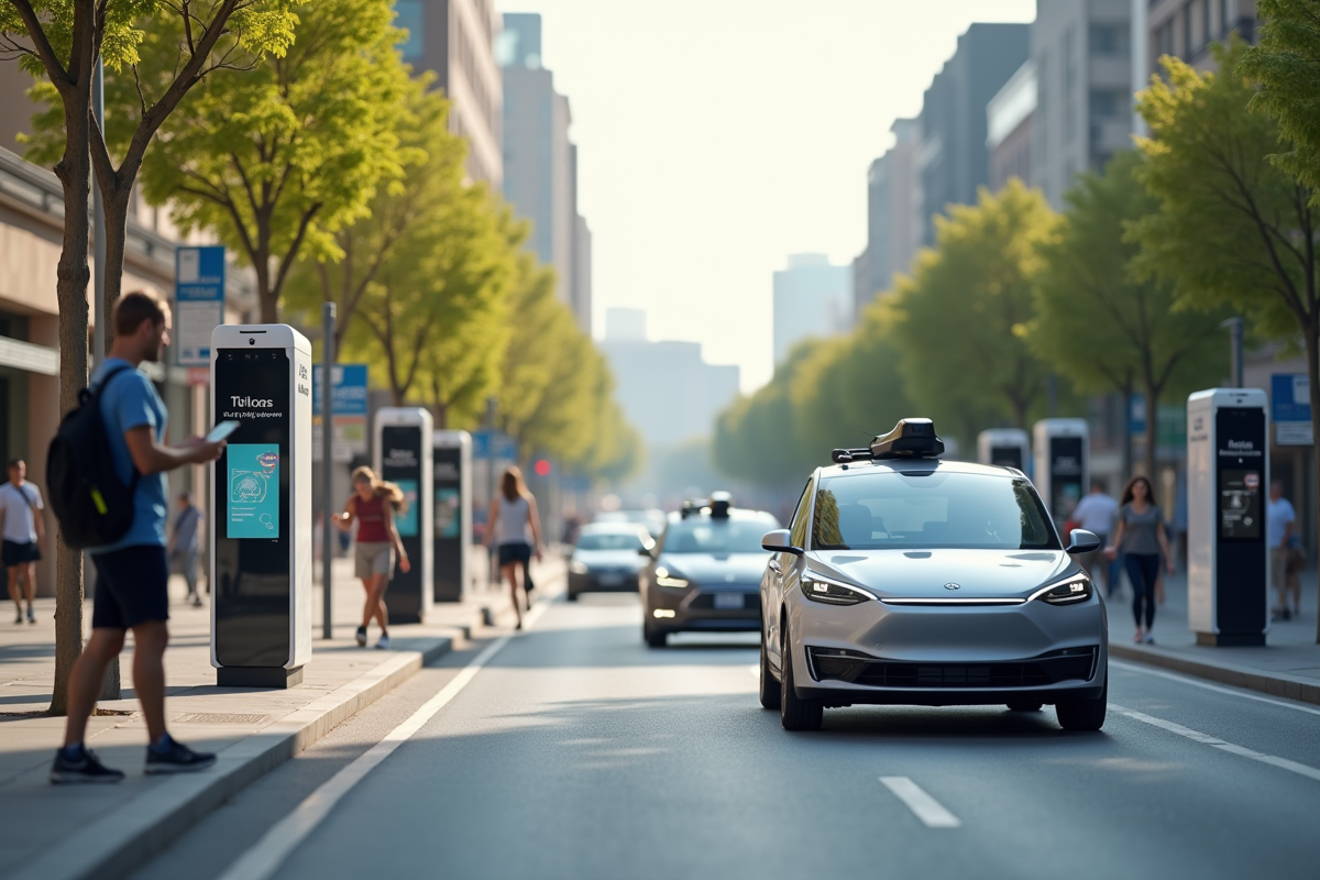 Rue urbaine moderne avec voitures autonomes et usagers interactifs