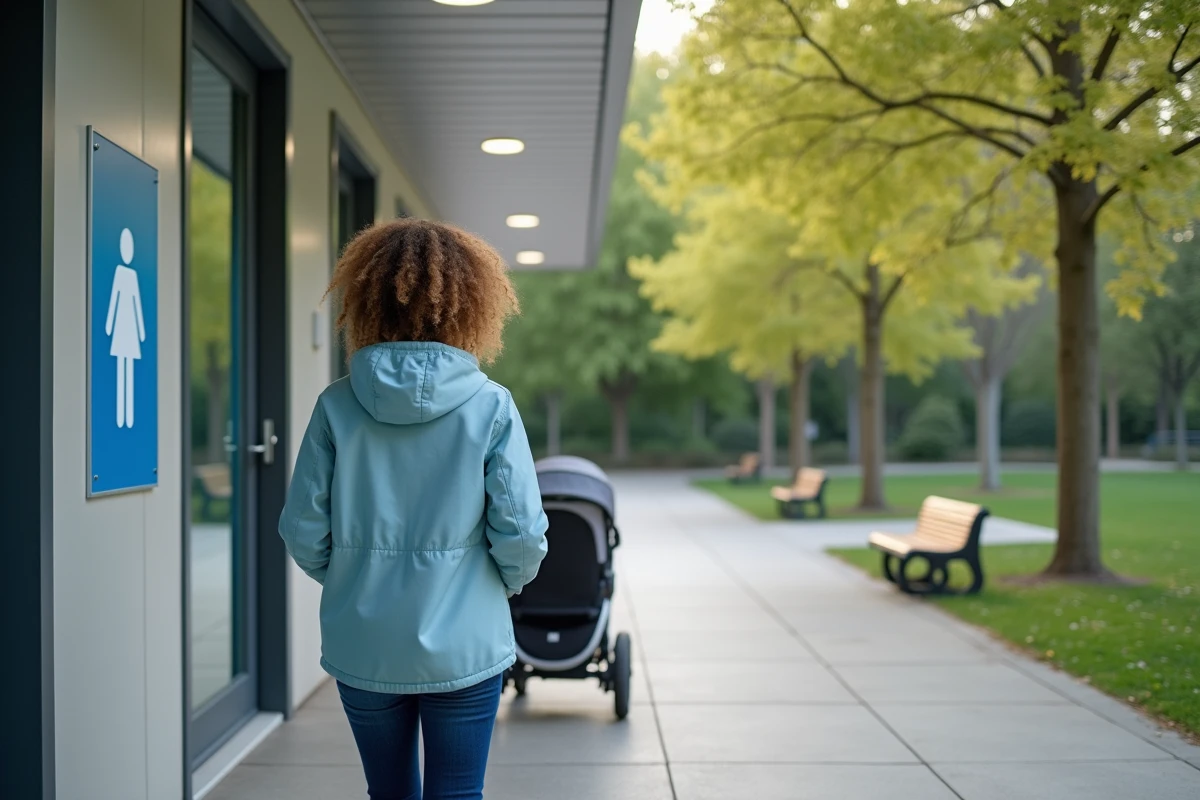 Entrée d'un WC public accessible dans un parc urbain avec panneau change bébé et mère avec poussette